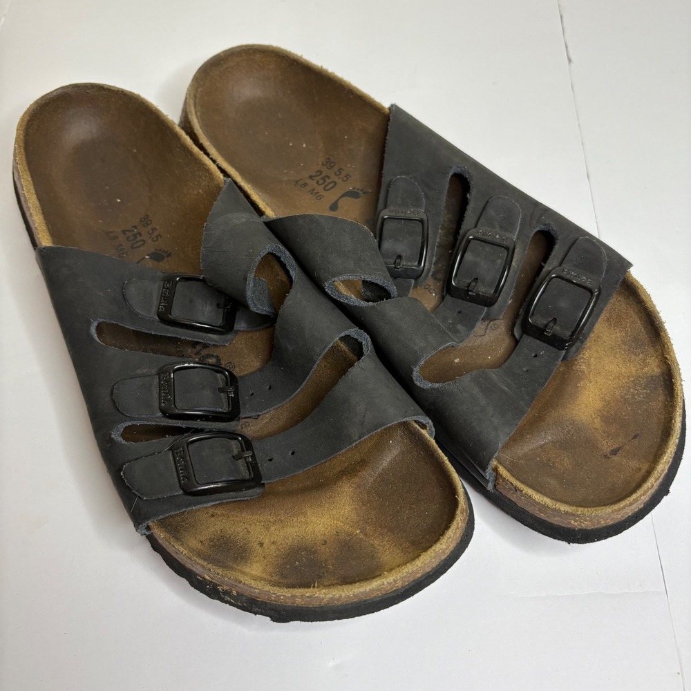 Birkenstocks Betula Black Leather Triple Strap Sandals‎ Women's Size 39 5.5